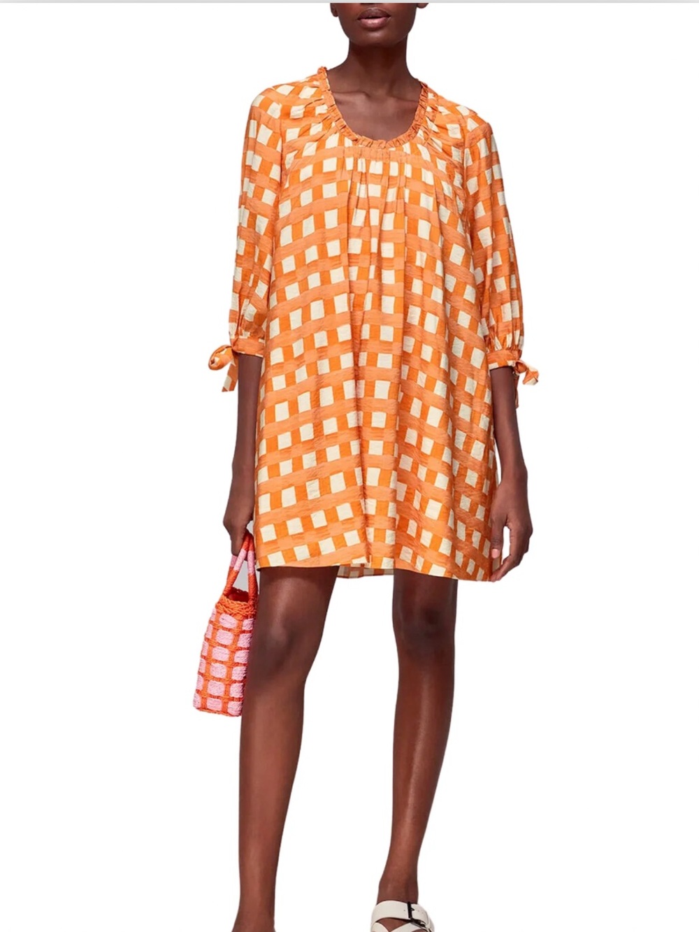 Whistles Lydia Orange Gingham Trapeze Dress